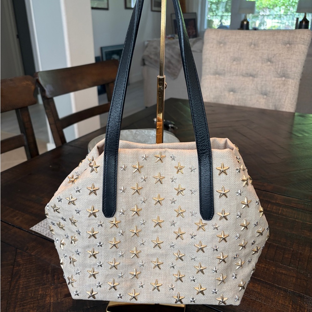 Jimmy Choo Beige Canvas Star-Studded Tote with Black Straps